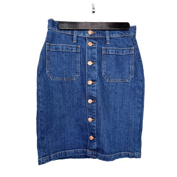 J.Crew Denim Button Front Skirt Size 27 Medium Wash Rose Gold Buttons Mid Length - Picture 1 of 7